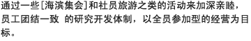 通过一些[海滨集会]和社员旅游之类的活动来加深亲睦，员工团结一致 的研究开发体制，以全员参加型的经营为目标。 